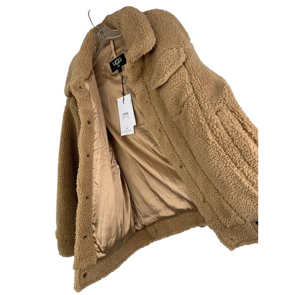 M New UGG Womens Camel Franke Trucker Sherpa Jacket Snap Satin Lined - Picture 2 of 8